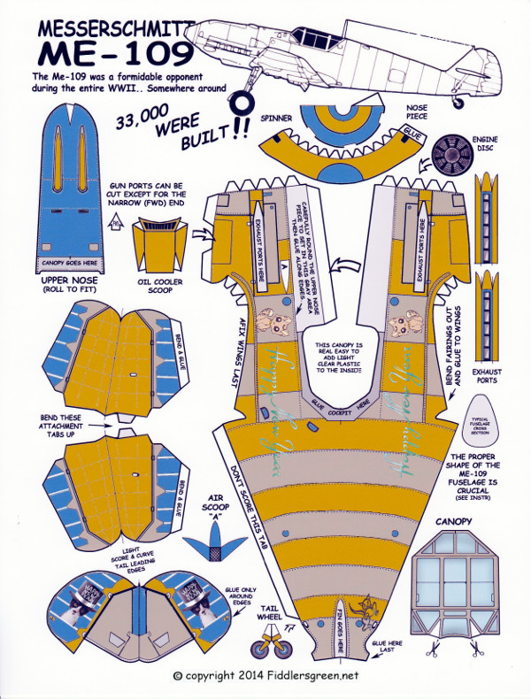 Sheet one of a Paper model of a Messerschmitt Me 109 repainted for New Years 2015