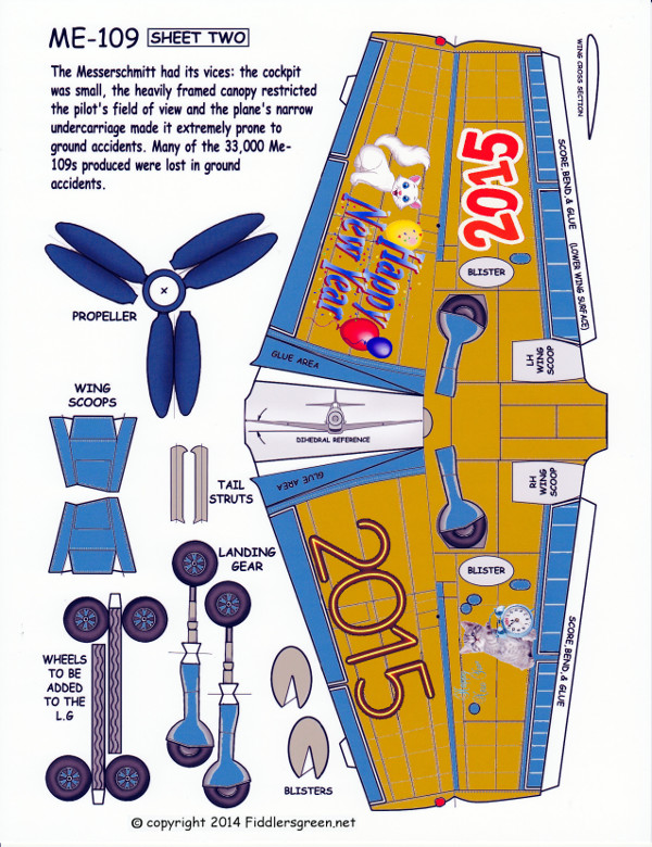 Sheet two of a Paper model of a Messerschmitt Me 109 repainted for New Years 2015